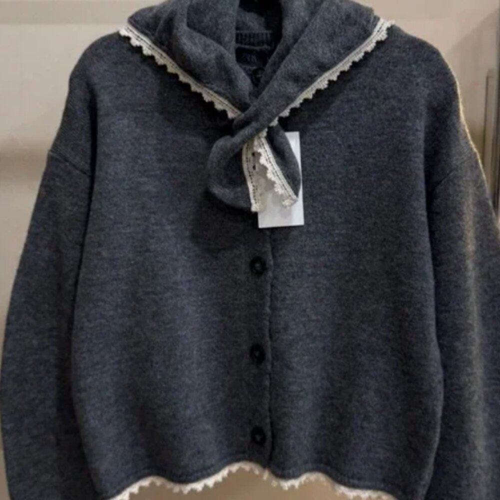 NWT ZARA Knit Cardigan with Lace Trim & Scarf Collar Size S